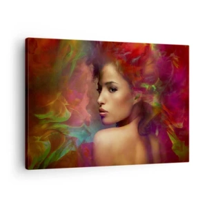 Obraz na plátně - Žena s barevnými odrazy vytvářejícími abstraktní pozadí - 70x50cm - Krásnější než duha, jemnější než mlha - Moderní nástěnná dekorace do obývacího pokoje a ložnice ARTTOR