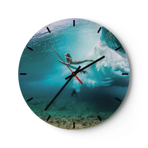Nástěnné hodiny - Surfař na vlně v křišťálově čisté vodě - 30x30cm - Podmořský svět - Moderní nástěnná dekorace do obývacího pokoje, kuchyně a ložnice ARTTOR