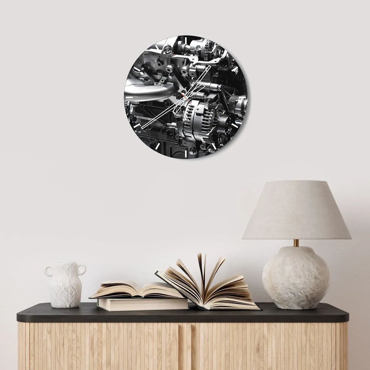 Nástěnné hodiny - Detail detailů motoru auta, kovový lesk - 30x30cm - Kovový, krásný, silný - Moderní nástěnná dekorace do obývacího pokoje, kuchyně a ložnice ARTTOR