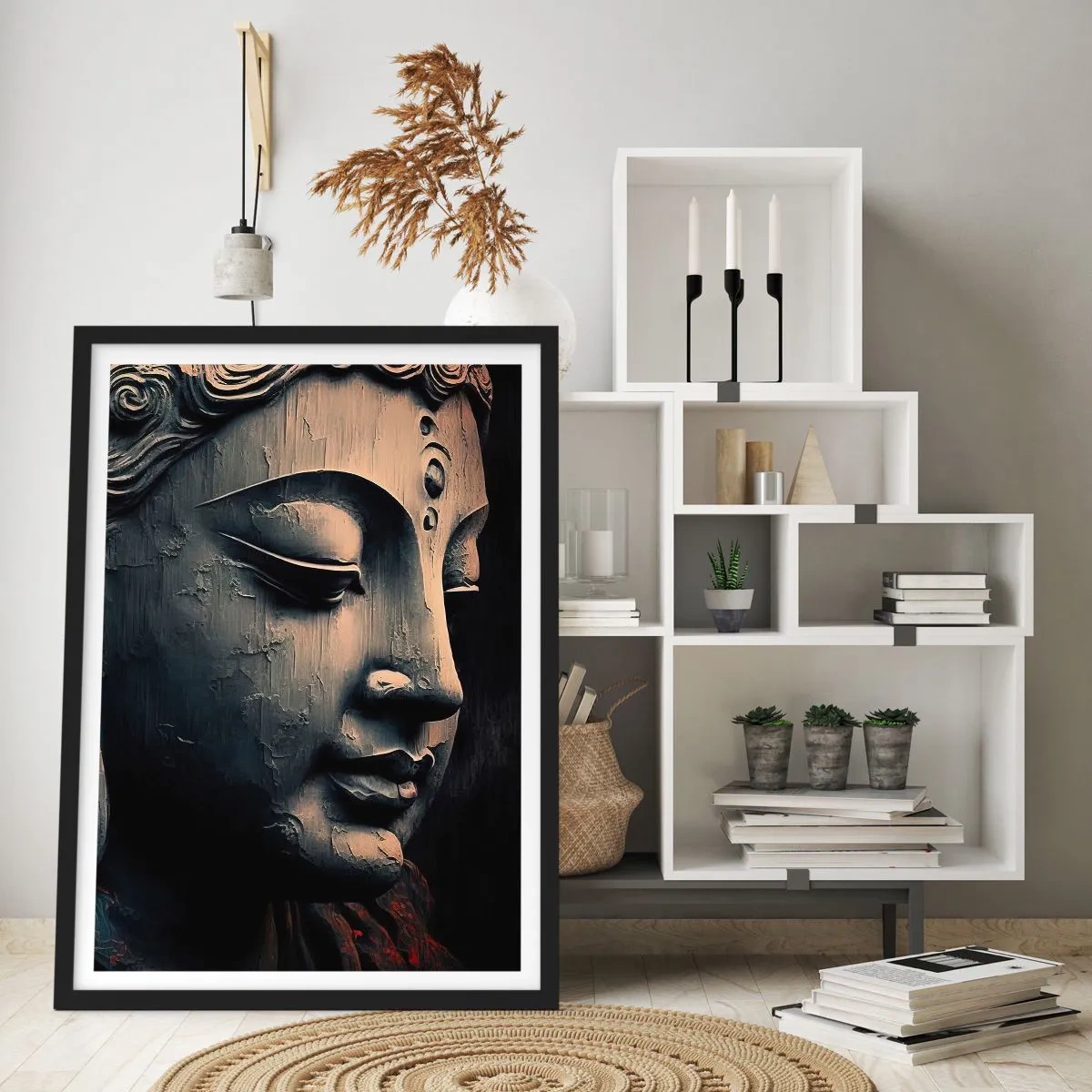 Plakát v černém rámu - Detail sochy Buddhy v teplém světle - 50x70cm - V souladu se světem - Moderní nástěnná dekorace do obývacího pokoje a ložnice ARTTOR