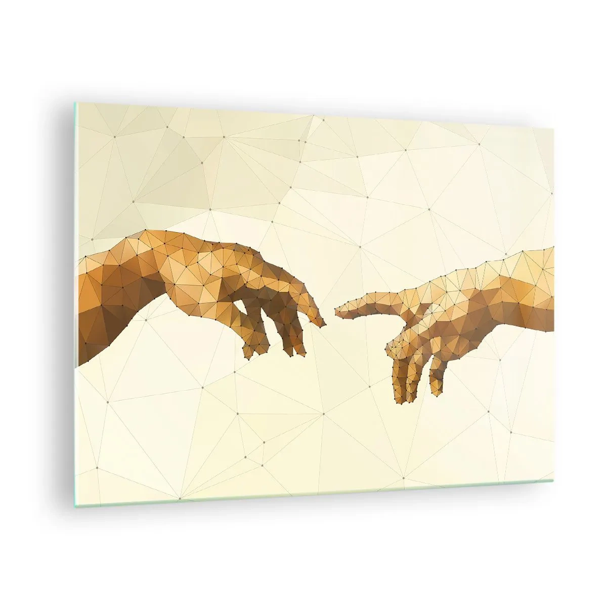 Obraz na skle - Stylizovaná verze obrazu „Stvoření Adama“ v polygonové technice - 70x50cm - Božská geometrie - Moderní nástěnná dekorace do obývacího pokoje a ložnice ARTTOR