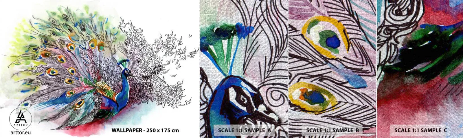 Vzor Fototapety Premium Canvas - S pýchou proti šedi - Pták, Páv, Peří - 100x30 cm