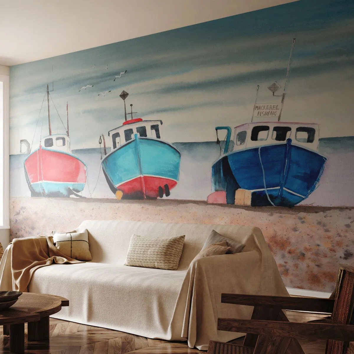 Fototapeta Premium Sand - Připravené na úlovek - Námořní, Pobřeží, Rybářské frézy - 400x280 cm