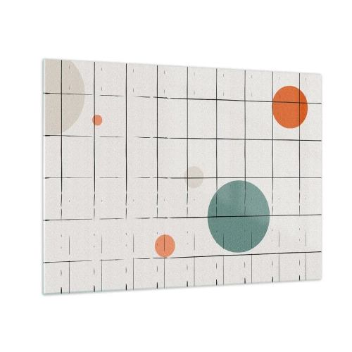 Obraz na skle - Barevné kruhy na geometrické mřížce tenkých čar - 70x50cm - V pasti. My nebo ony? - Moderní nástěnná dekorace do obývacího pokoje a ložnice ARTTOR