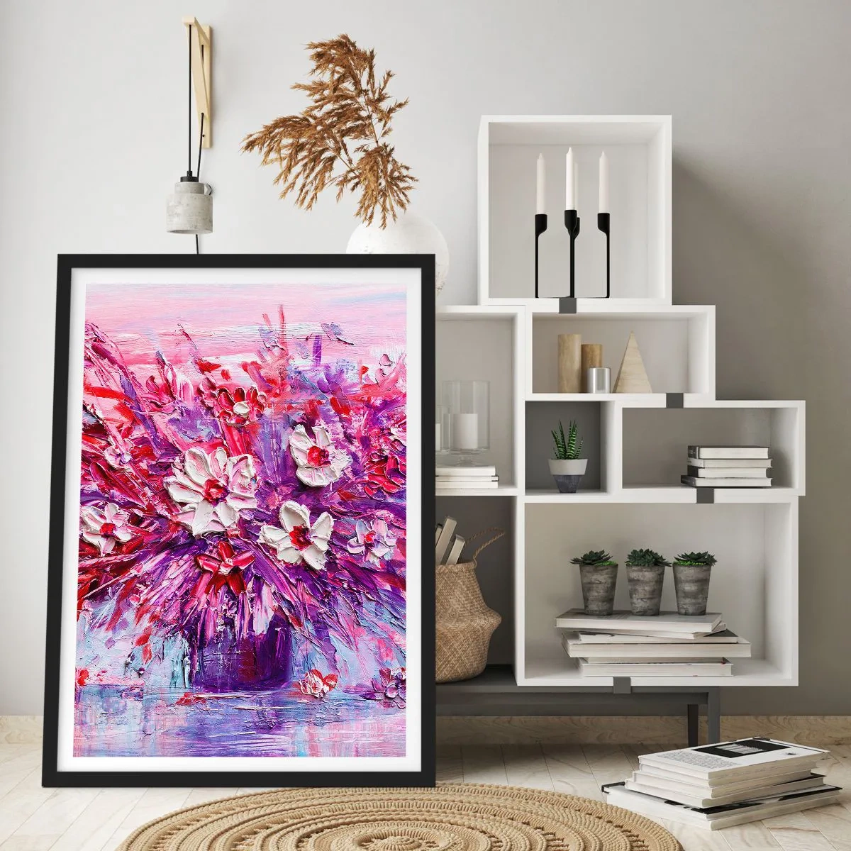 Plakát v černém rámu - Kytice květin v odstínech růžové, fialové a bílé - 50x70cm - Nevinnost a vášeň - Moderní nástěnná dekorace do obývacího pokoje a ložnice ARTTOR