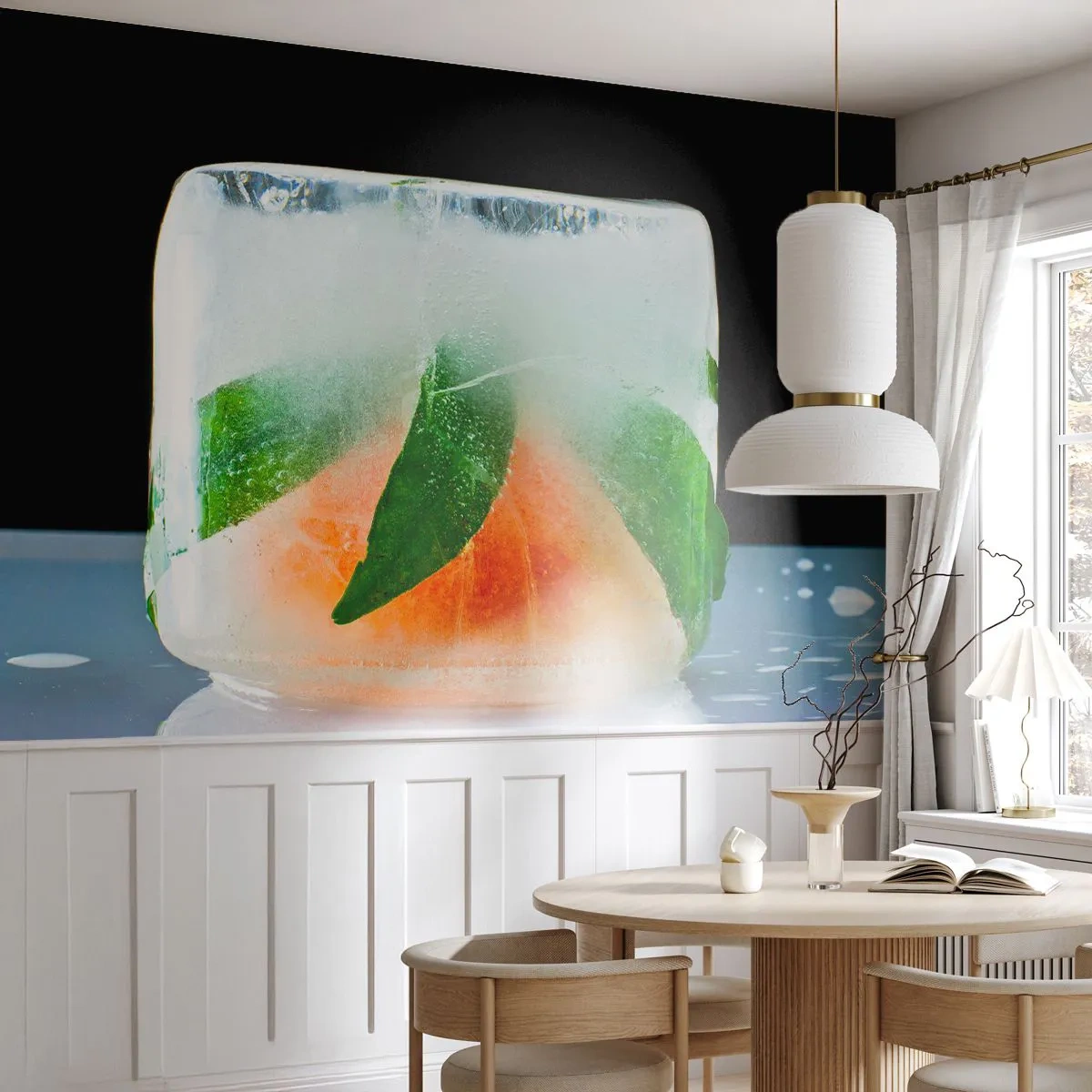 Fototapeta Samolepicí Deluxe Sticker - Svěžest a osvěžení - Kostka ledu, oranžový, List máty - 250x175 cm