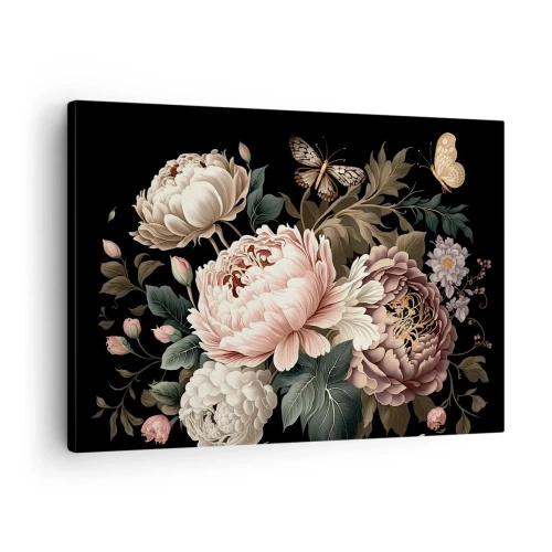 Obraz na plátně - Kytice růžových květin a motýlů na černém pozadí - 70x50cm - V barokním stylu - Moderní nástěnná dekorace do obývacího pokoje a ložnice ARTTOR