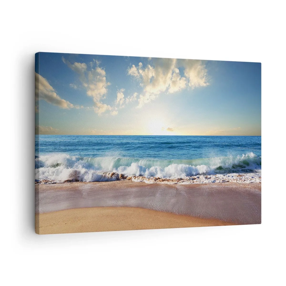 Obraz na plátně - Slunečná pláž s vlnami tříštícími se o břeh - 70x50cm - Pohyb a nehybnost zároveň - Moderní nástěnná dekorace do obývacího pokoje a ložnice ARTTOR