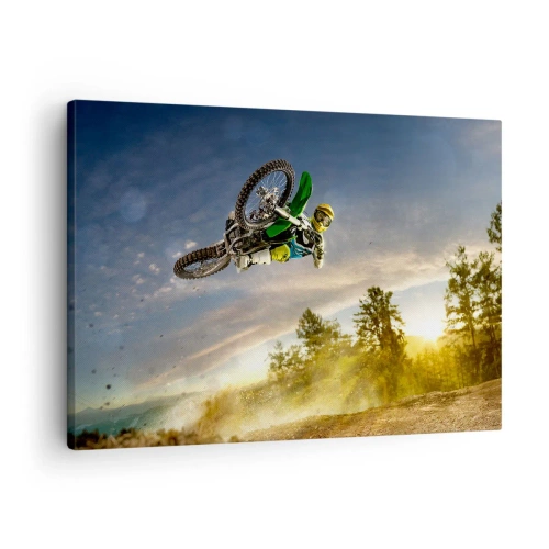 Obraz na plátně - Motocyklista v dynamickém skoku - 70x50cm - Zapni emoce! - Moderní nástěnná dekorace do obývacího pokoje a ložnice ARTTOR