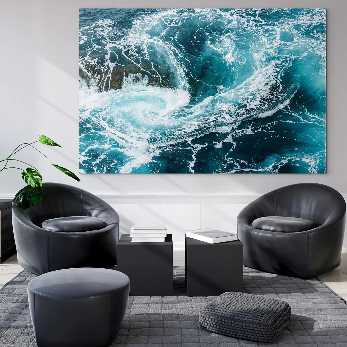 Obraz na skle - Oceánský vír obklopený bílými vlnami v modré vodě - 70x50cm - Brána do nitra Země - Moderní nástěnná dekorace do obývacího pokoje a ložnice ARTTOR