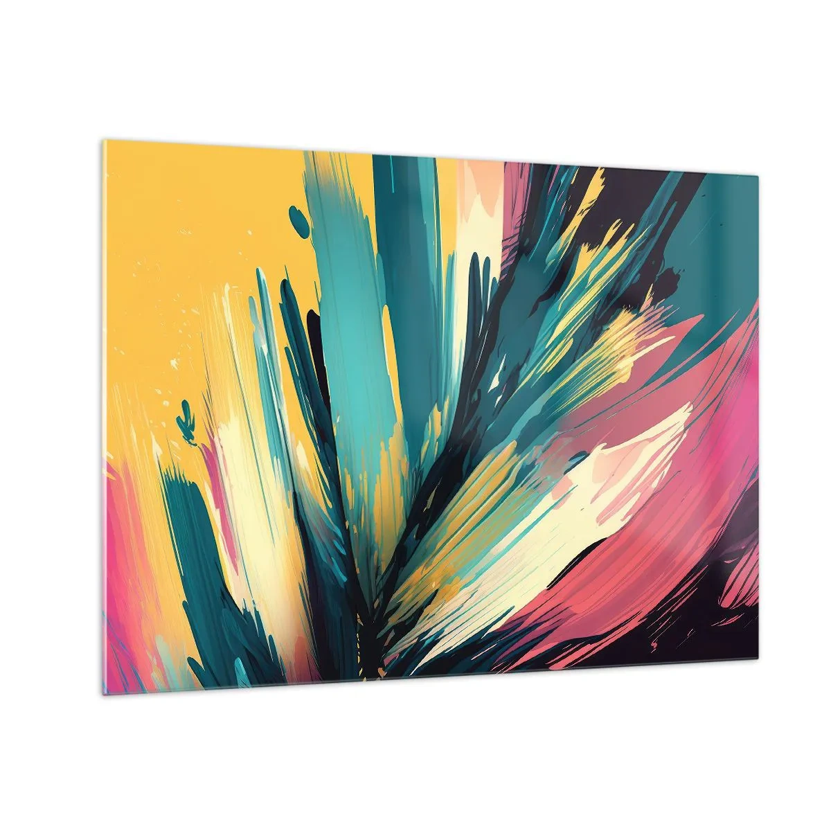 Obraz na skle - Dynamické tahy štětcem v zářivých barvách - 70x50cm - Kompozice – exploze radosti - Moderní nástěnná dekorace do obývacího pokoje a ložnice ARTTOR