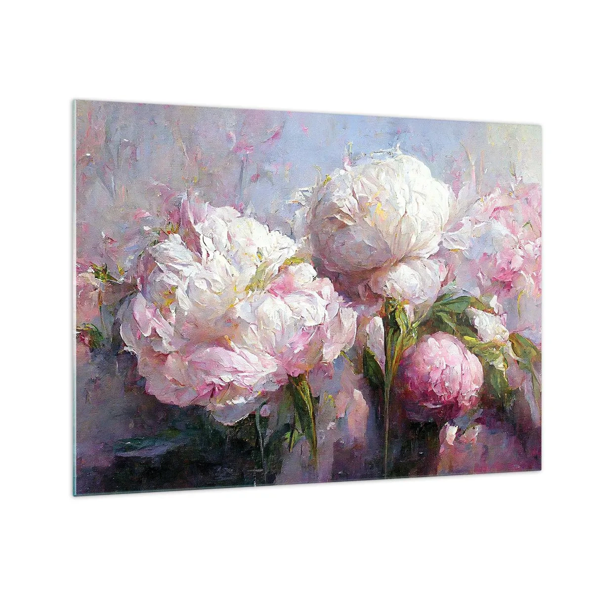 Obraz na skle - Olejomalba kvetoucích bílých a růžových pivoněk - 70x50cm - Kytice překypující životem - Moderní nástěnná dekorace do obývacího pokoje a ložnice ARTTOR