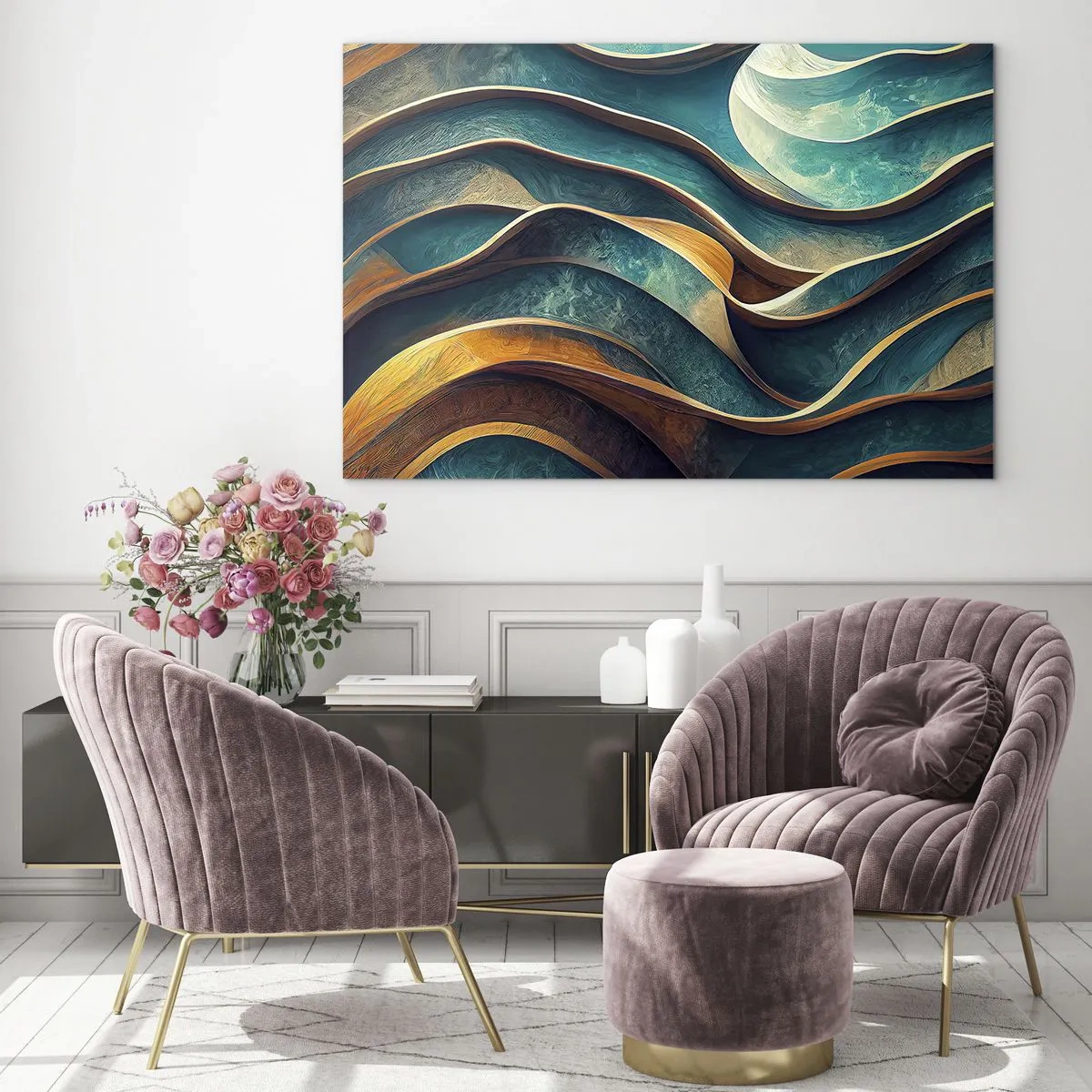 Obraz na skle - Dynamické linie v modré a měděné barvě vytvářející vlny - 70x50cm - Meandry modré - Moderní nástěnná dekorace do obývacího pokoje a ložnice ARTTOR