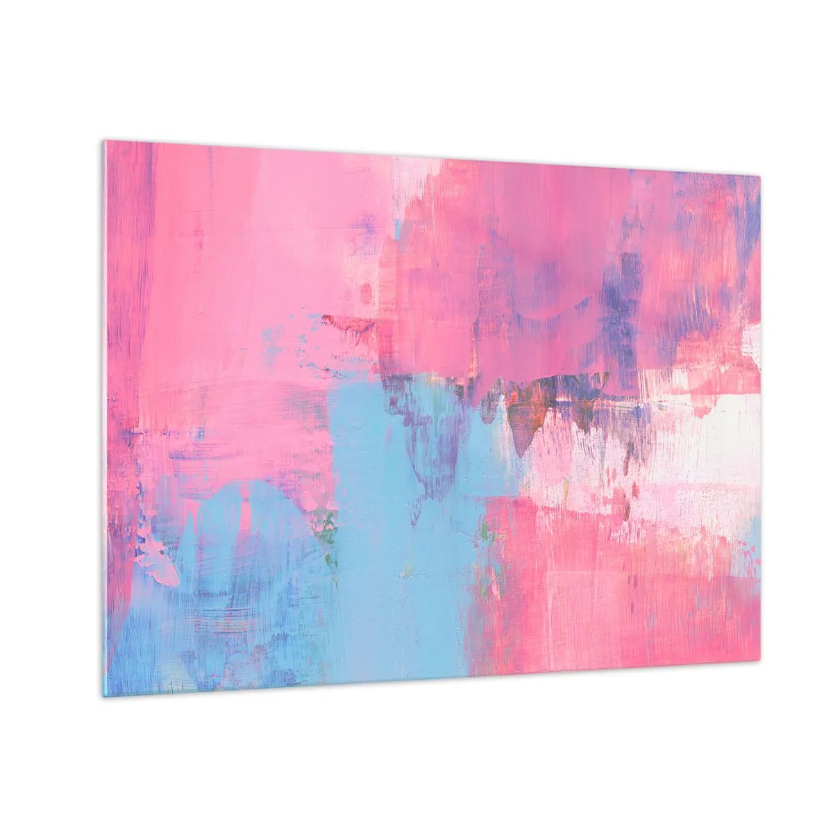 Obraz na skle - Energická abstrakce v odstínech růžové a modré - 70x50cm - Růžová, modrá a špetka světla - Moderní nástěnná dekorace do obývacího pokoje a ložnice ARTTOR