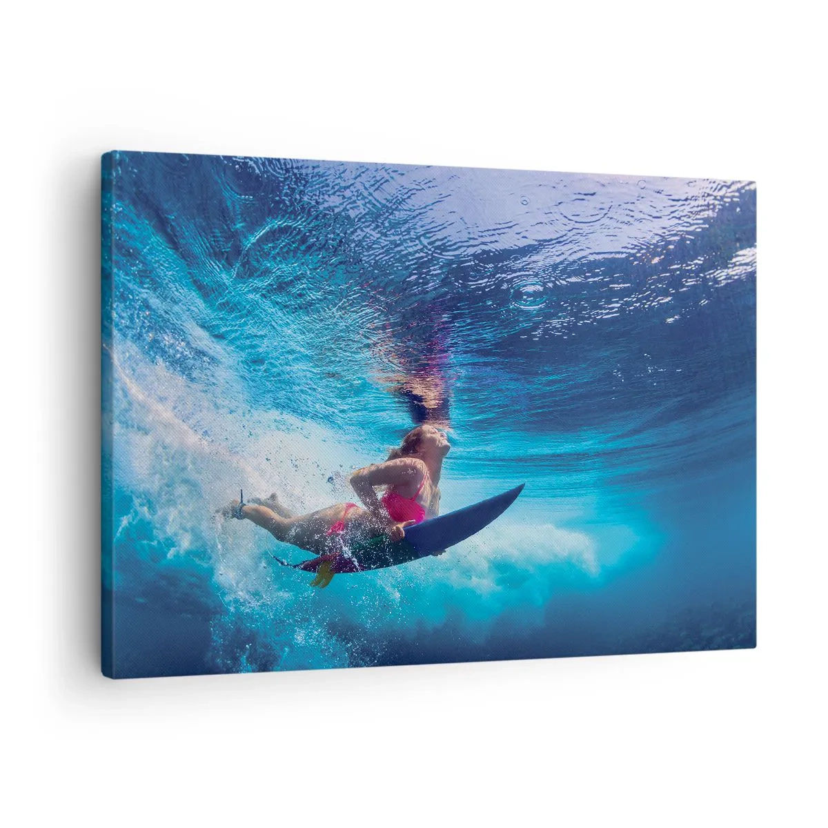 Obraz na plátně - Surfař pod vodou v dynamické kompozici v odstínech modré. - 70x50cm - Hloubka radosti - Moderní nástěnná dekorace do obývacího pokoje a ložnice ARTTOR