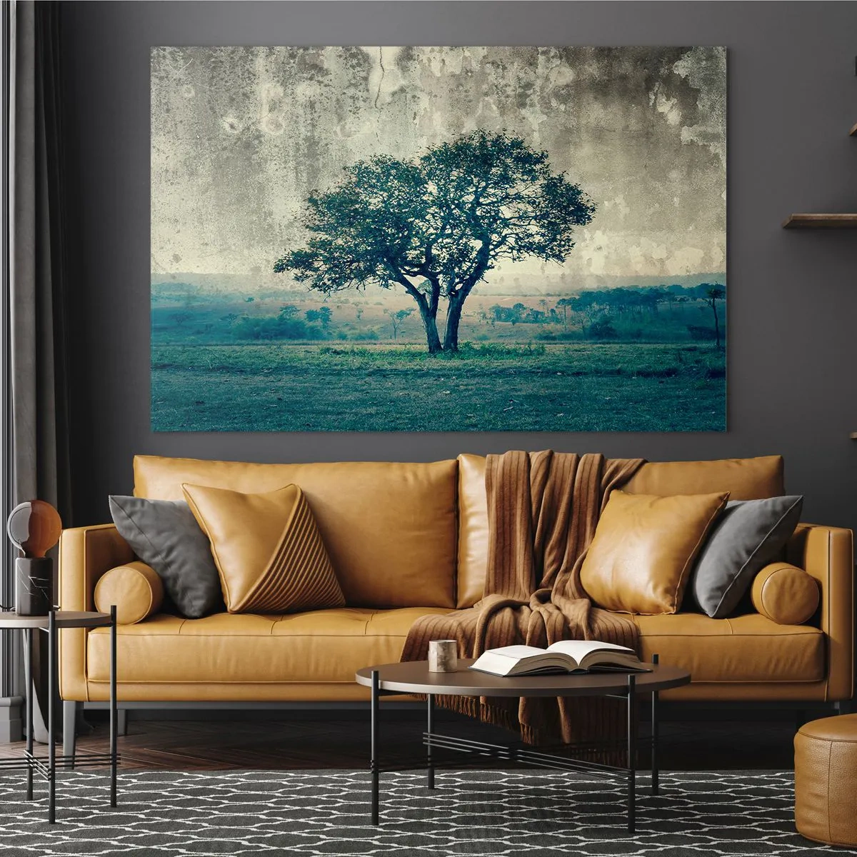 Obraz na skle - Osamělý strom ve vintage krajině - 70x50cm - Jabloň na modrém poli? - Moderní nástěnná dekorace do obývacího pokoje a ložnice ARTTOR