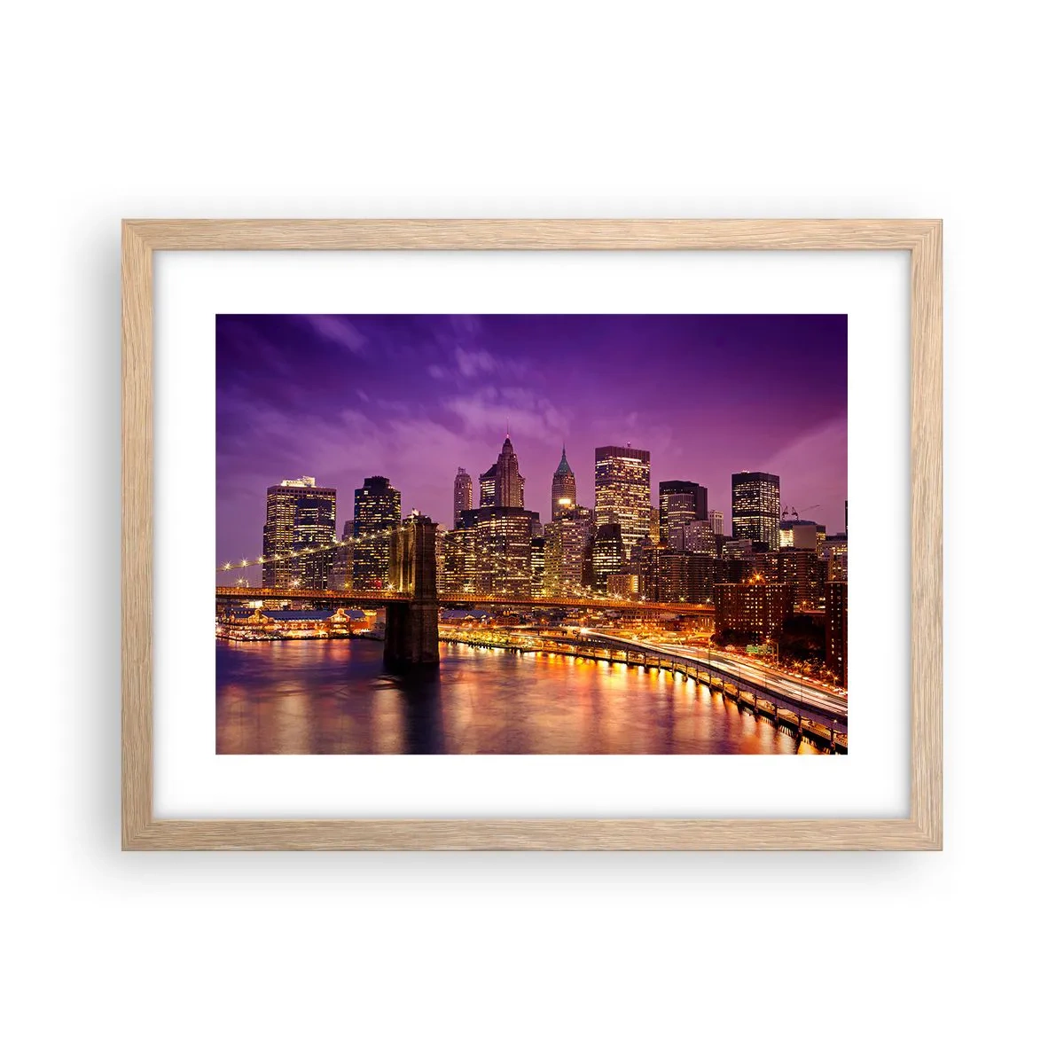 Plakát v rámu světlý dub - Fialovo-zlatý Manhattan - 40x30 cm