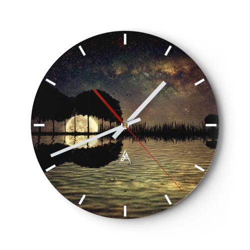 Nástěnné hodiny - Krajina s jezerem, stromy a hvězdnou oblohou v noci - 30x30cm - Noc na konci světa - Moderní nástěnná dekorace do obývacího pokoje, kuchyně a ložnice ARTTOR