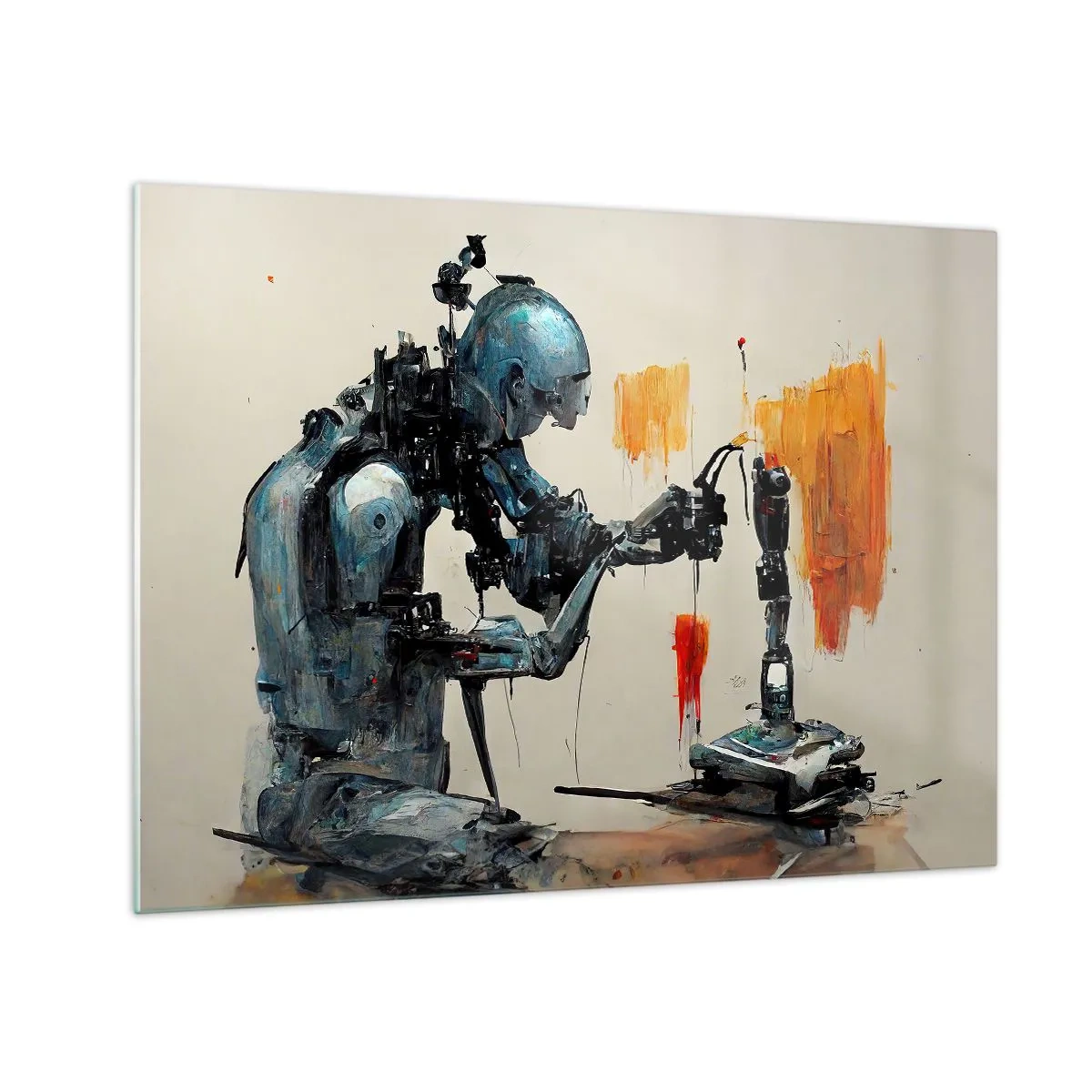 Obraz na skle - Robot malující mechanickou ruku na abstraktní pozadí. - 70x50cm - Už zítra… - Moderní nástěnná dekorace do obývacího pokoje a ložnice ARTTOR