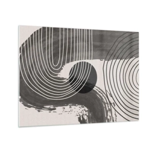 Obraz na skle - Moderní abstrakce s černobílými čarami a oválem - 70x50cm - Ovál vítězí - Moderní nástěnná dekorace do obývacího pokoje a ložnice ARTTOR