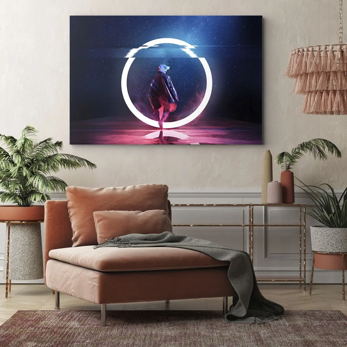 Obraz na plátně - Postava ve futuristickém prostředí s neonovým kruhem - 70x50cm - Mezi světy - Moderní nástěnná dekorace do obývacího pokoje a ložnice ARTTOR