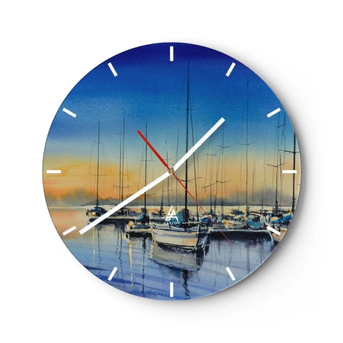 Nástěnné hodiny - Plachetnice na vodě při západu slunce v tichém přístavu - 30x30cm - Konec dobrého dne - Moderní nástěnná dekorace do obývacího pokoje, kuchyně a ložnice ARTTOR