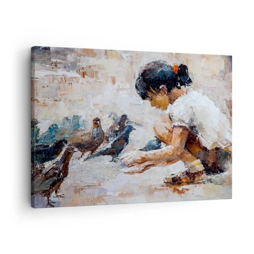 Obraz na plátně - Dívka krmí ptáky v malířském stylu - 70x50cm - Maličcí a nejmilejší - Moderní nástěnná dekorace do obývacího pokoje a ložnice ARTTOR