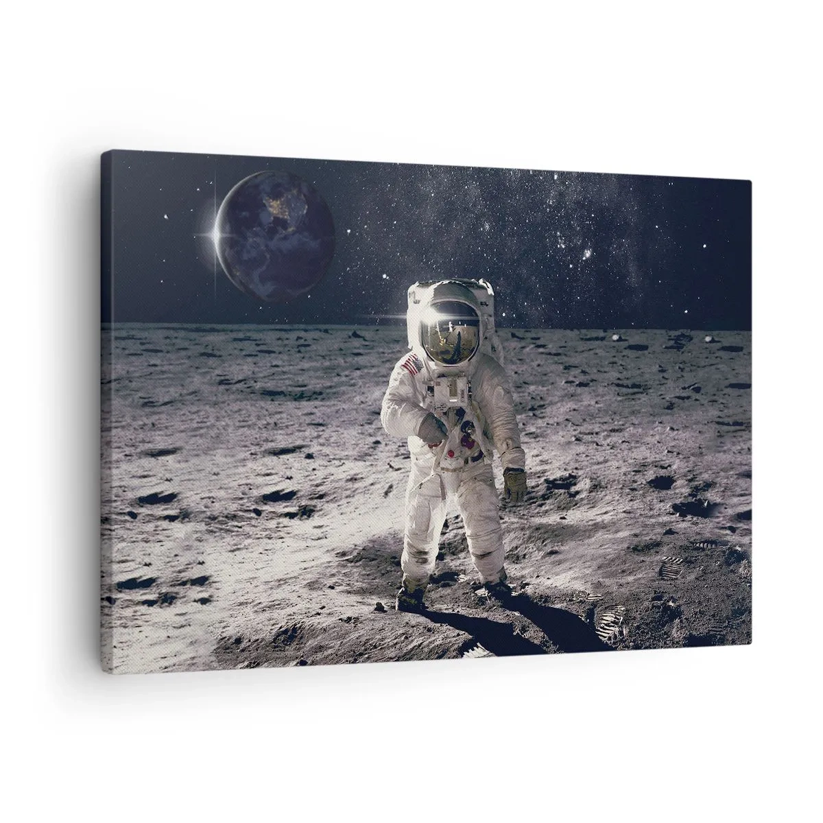 Obraz na plátně - Astronaut na povrchu Měsíce se Zemí v pozadí - 70x50cm - Pozdrav z Měsíce - Moderní nástěnná dekorace do obývacího pokoje a ložnice ARTTOR