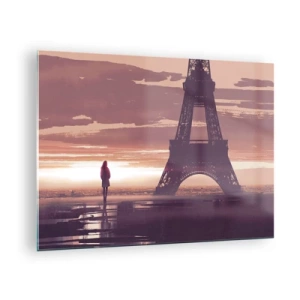 Obraz na skle - Eiffelova věž při západu slunce se siluetou osoby - 70x50cm - Pouze ty dvě - Moderní nástěnná dekorace do obývacího pokoje a ložnice ARTTOR