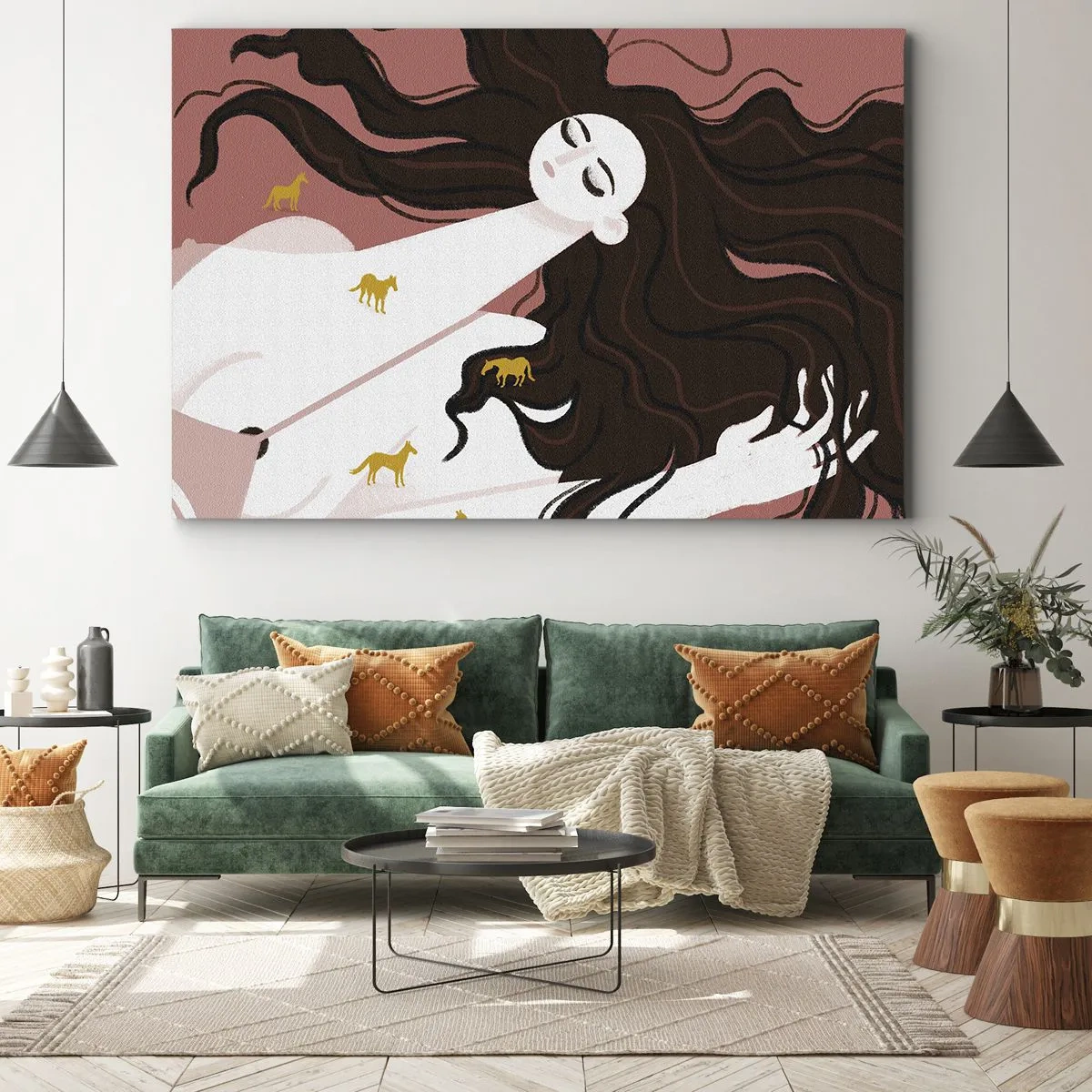 Obraz na plátně - Postava se zavřenýma očima obklopená zlatými koňmi - 70x50cm - Sen o zlatém koni - Moderní nástěnná dekorace do obývacího pokoje a ložnice ARTTOR