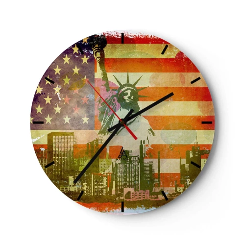 Nástěnné hodiny - Socha svobody na pozadí americké vlajky a městské krajiny - 30x30cm - Viva America! - Moderní nástěnná dekorace do obývacího pokoje, kuchyně a ložnice ARTTOR