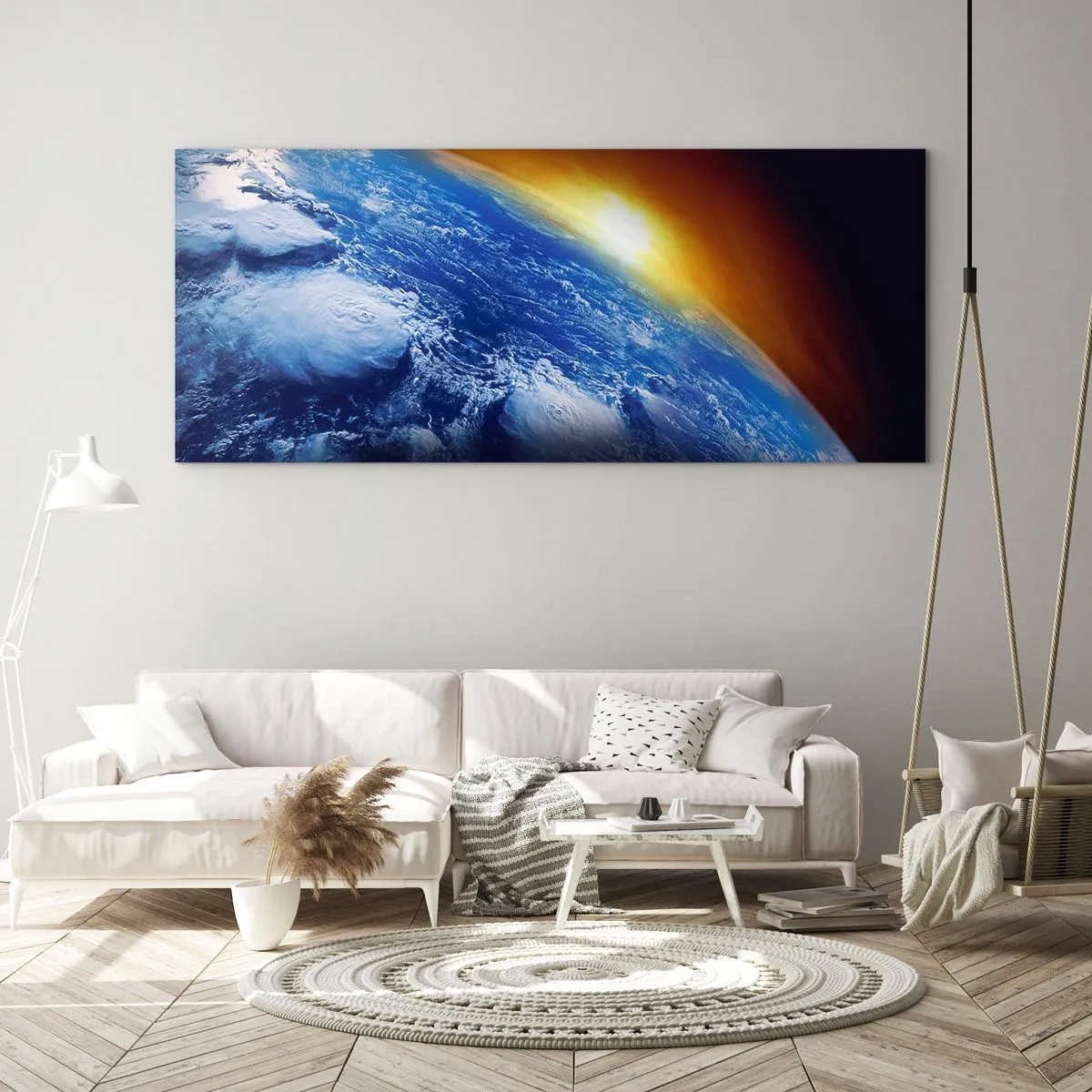 Obraz na skle - Východ slunce nad modrou planetou - 140x50 cm