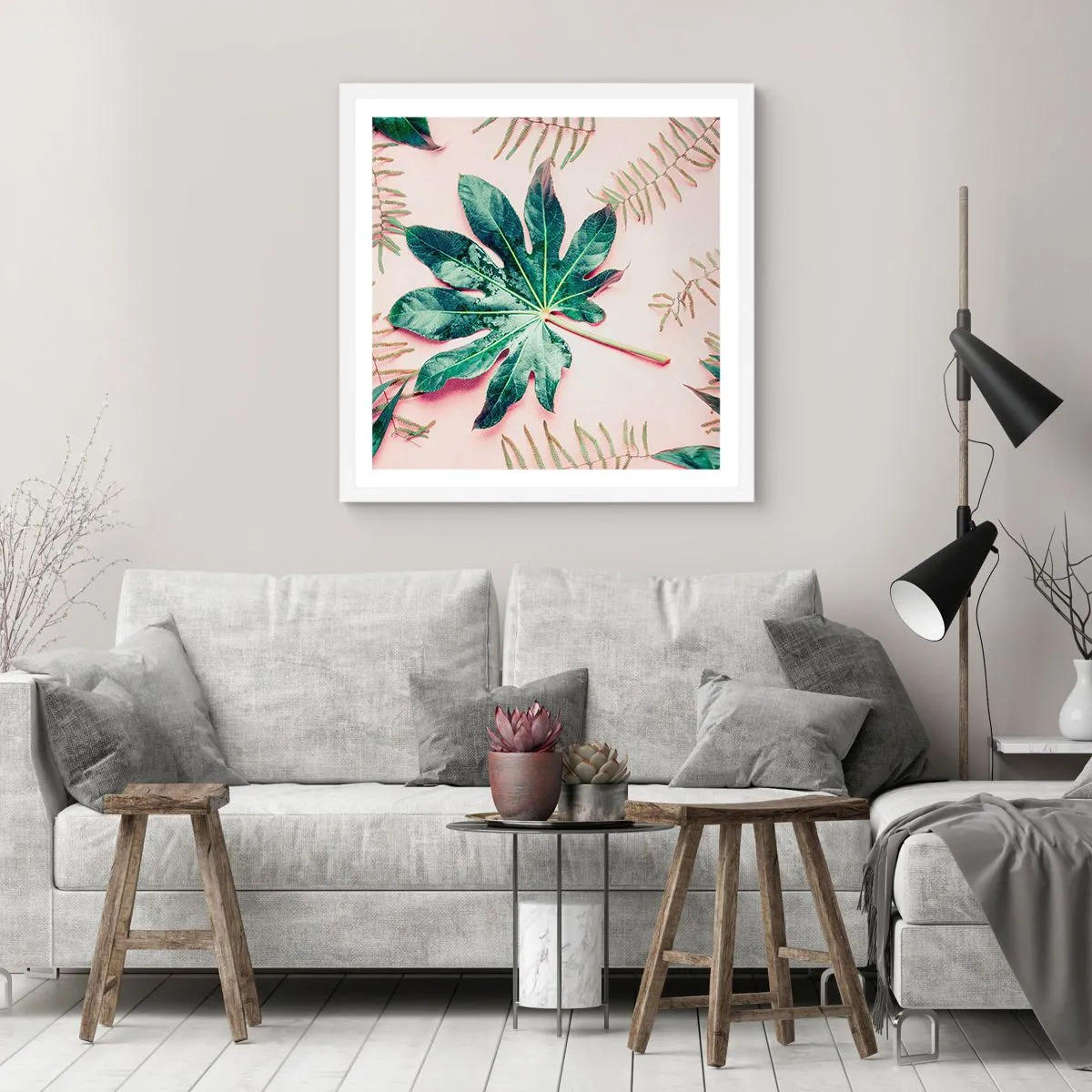 Plakát v bílém rámu - Studie zelené na růžovém pozadí - 50x50 cm