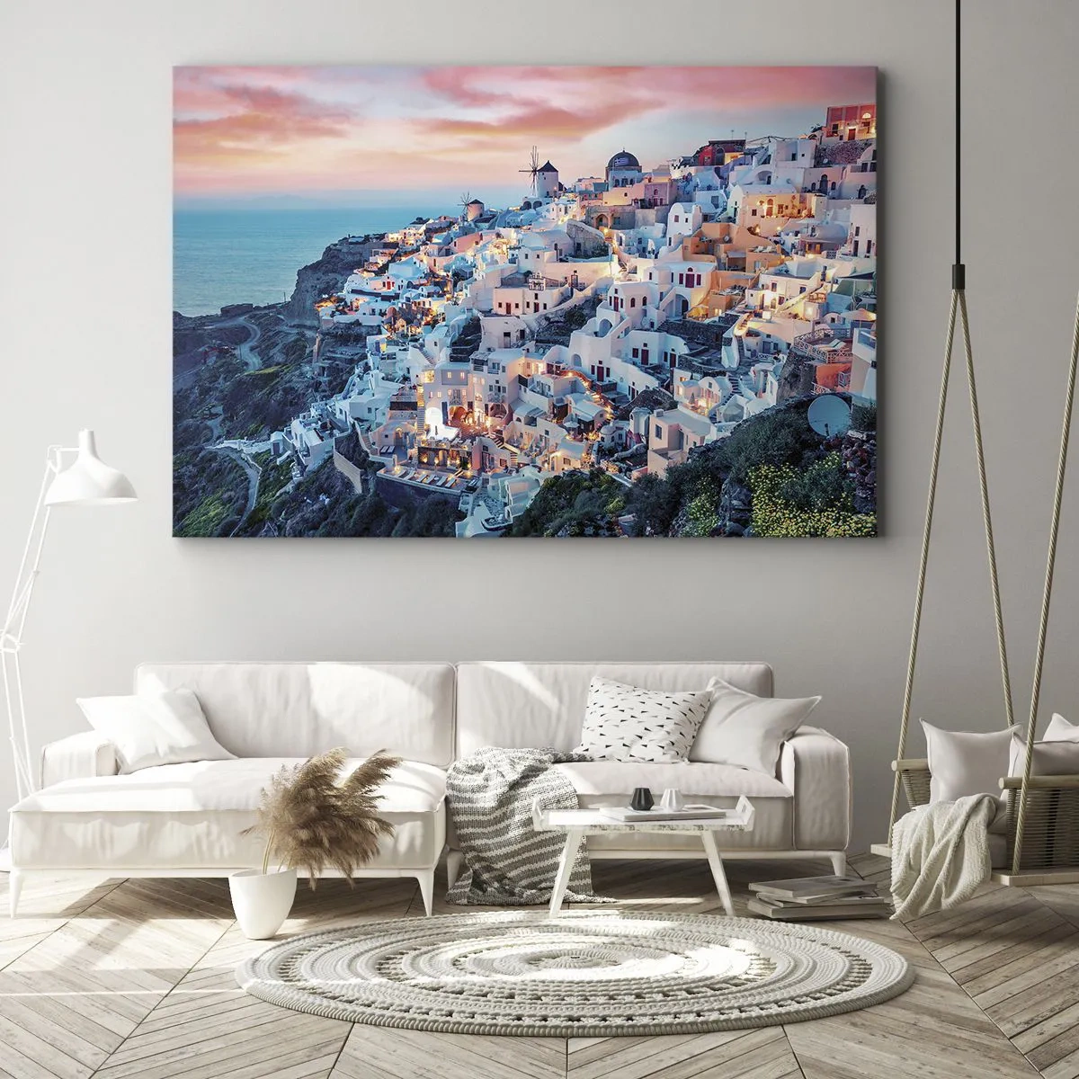 Obraz na plátně - Santorini při západu slunce s bílými budovami na kopci - 70x50cm - Tvoje tlustá řecká dovolená - Moderní nástěnná dekorace do obývacího pokoje a ložnice ARTTOR