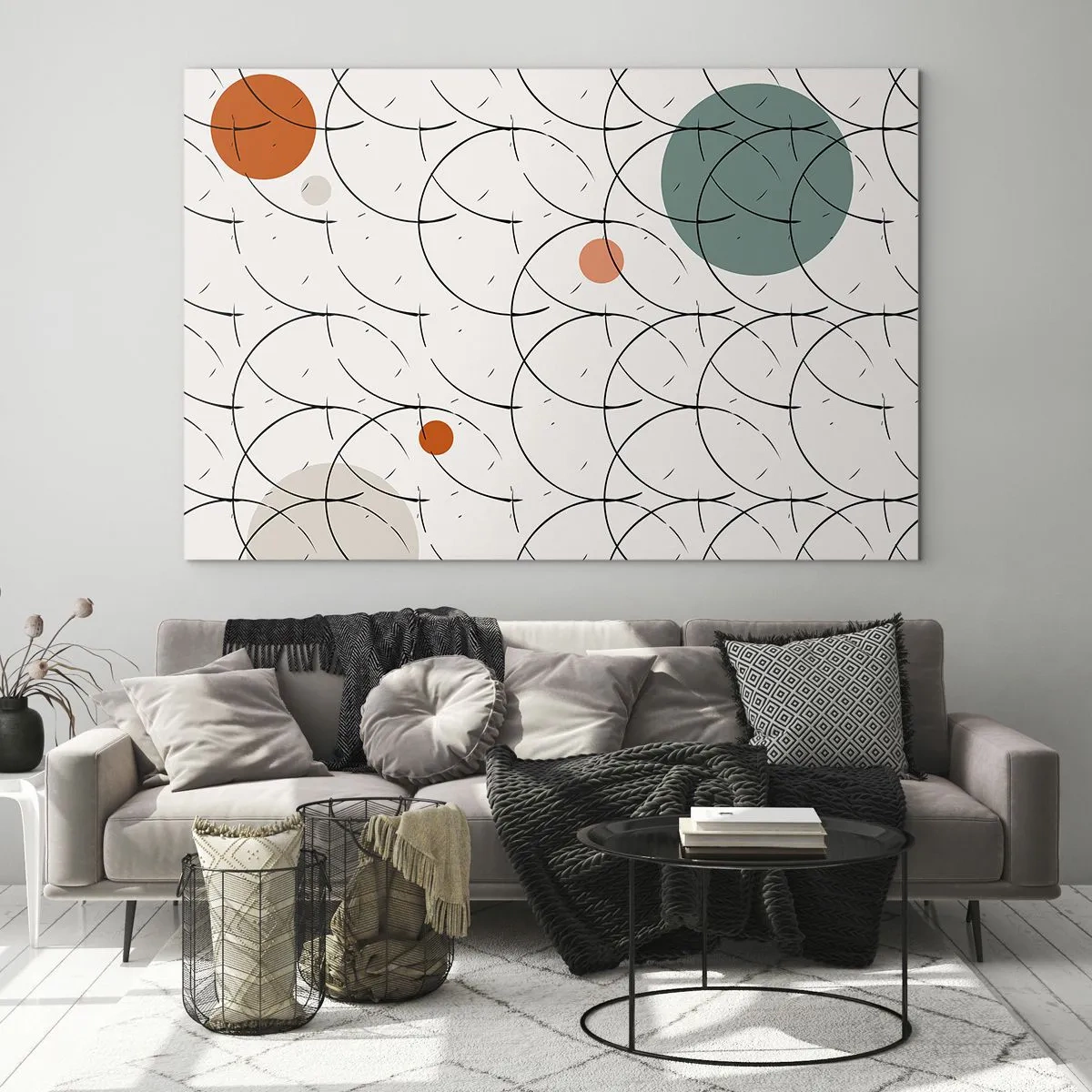 Obraz na skle - Barevné kruhy a černé čáry na světlém pozadí ve stylu pop art. - 70x50cm - V duchu pop-artu - Moderní nástěnná dekorace do obývacího pokoje a ložnice ARTTOR
