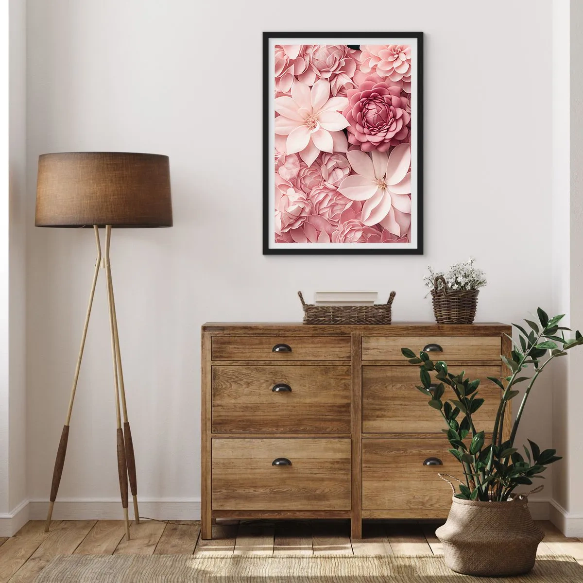 Plakát v černém rámu - Růžové květy v elegantní kompozici - 50x70cm - V růžových okvětních lístcích - Moderní nástěnná dekorace do obývacího pokoje a ložnice ARTTOR