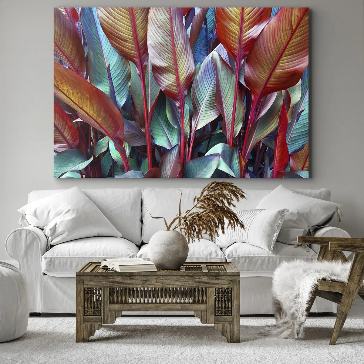 Obraz na plátně - Barevné listy tropických rostlin v houští - 70x50cm - Barevná houština - Moderní nástěnná dekorace do obývacího pokoje a ložnice ARTTOR