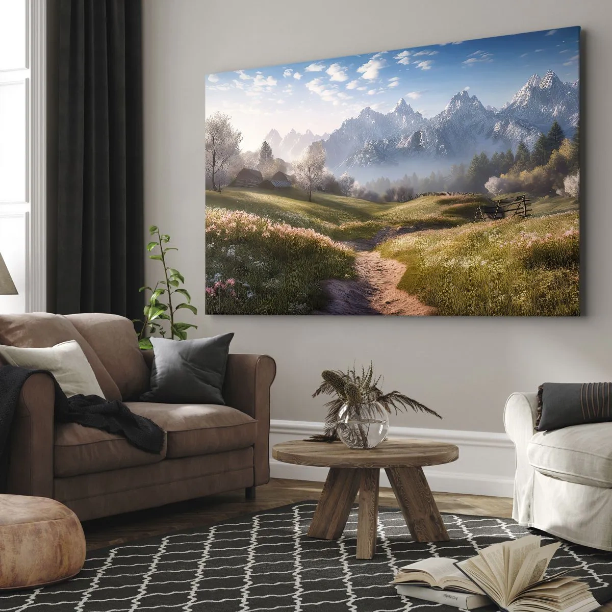 Obraz na plátně - Horské údolí s loukami, chatami a výhledem na vrcholky hor - 70x50cm - Idylické údolí - Moderní nástěnná dekorace do obývacího pokoje a ložnice ARTTOR