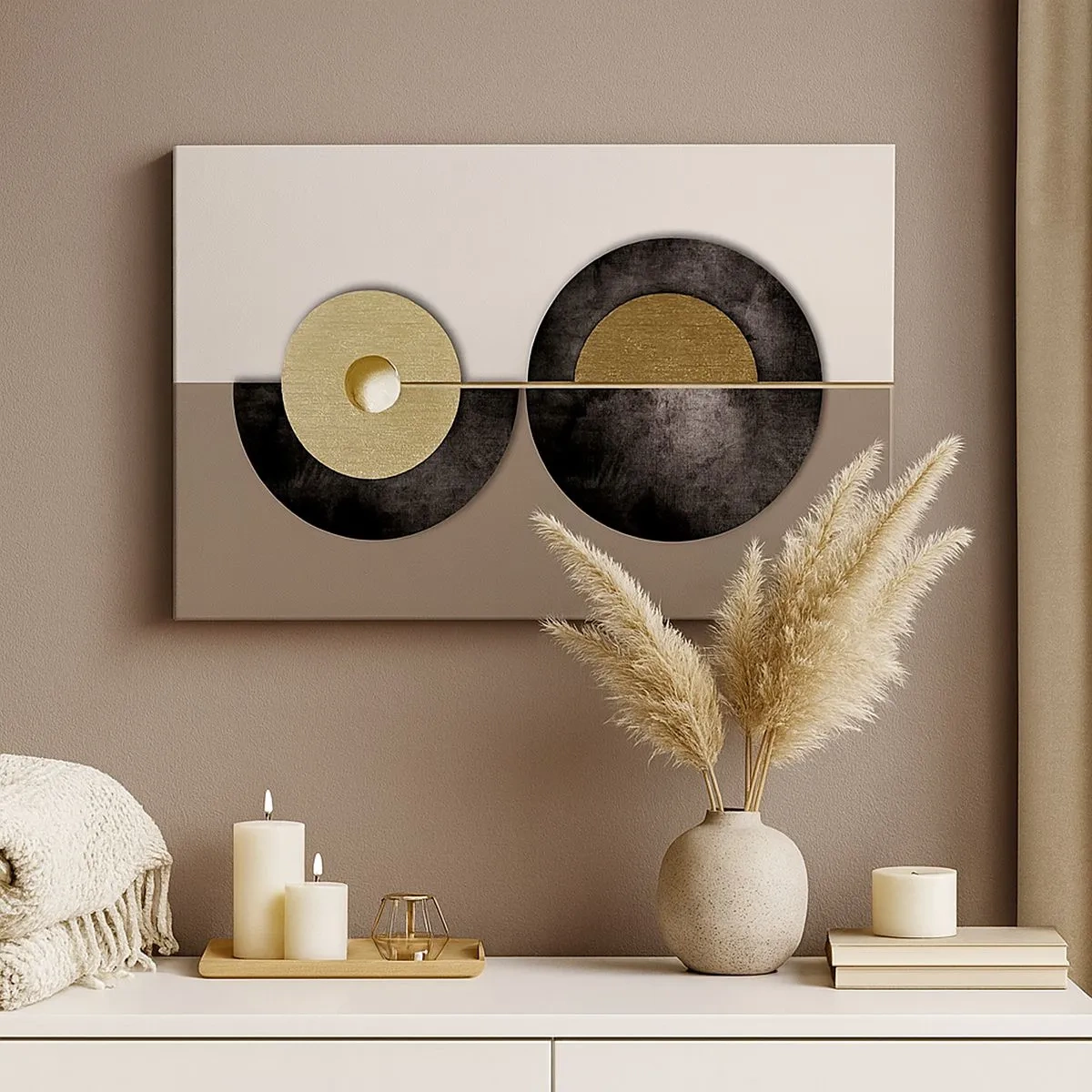 Obraz na plátně - Abstraktní kruhy v odstínech zlaté a hnědé - 70x50cm - Variace kolem kruhu - Moderní nástěnná dekorace do obývacího pokoje a ložnice ARTTOR