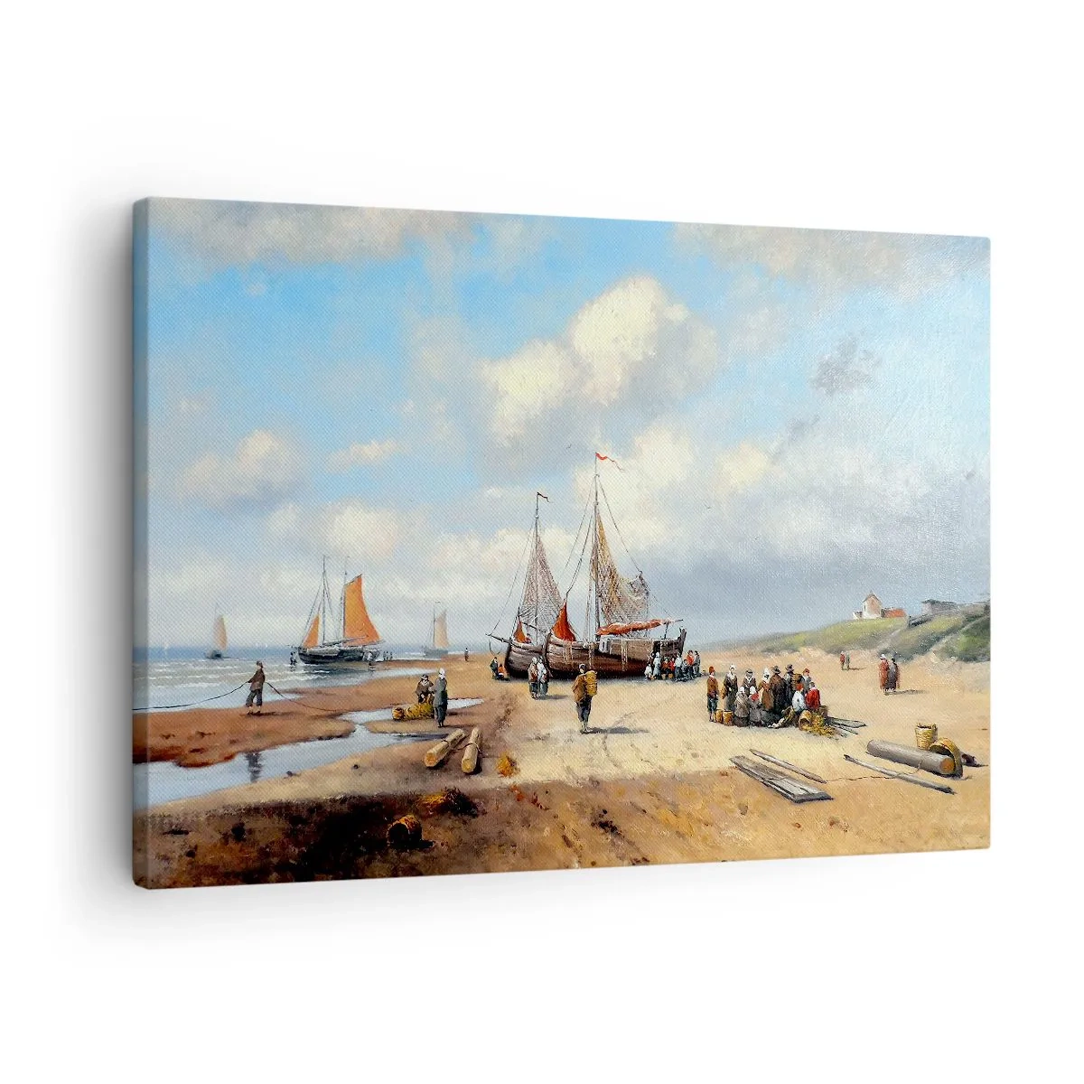Obraz na plátně - Rybářské lodě na pláži s lidskými postavami - 70x50cm - Po úspěšném rybolovu - Moderní nástěnná dekorace do obývacího pokoje a ložnice ARTTOR