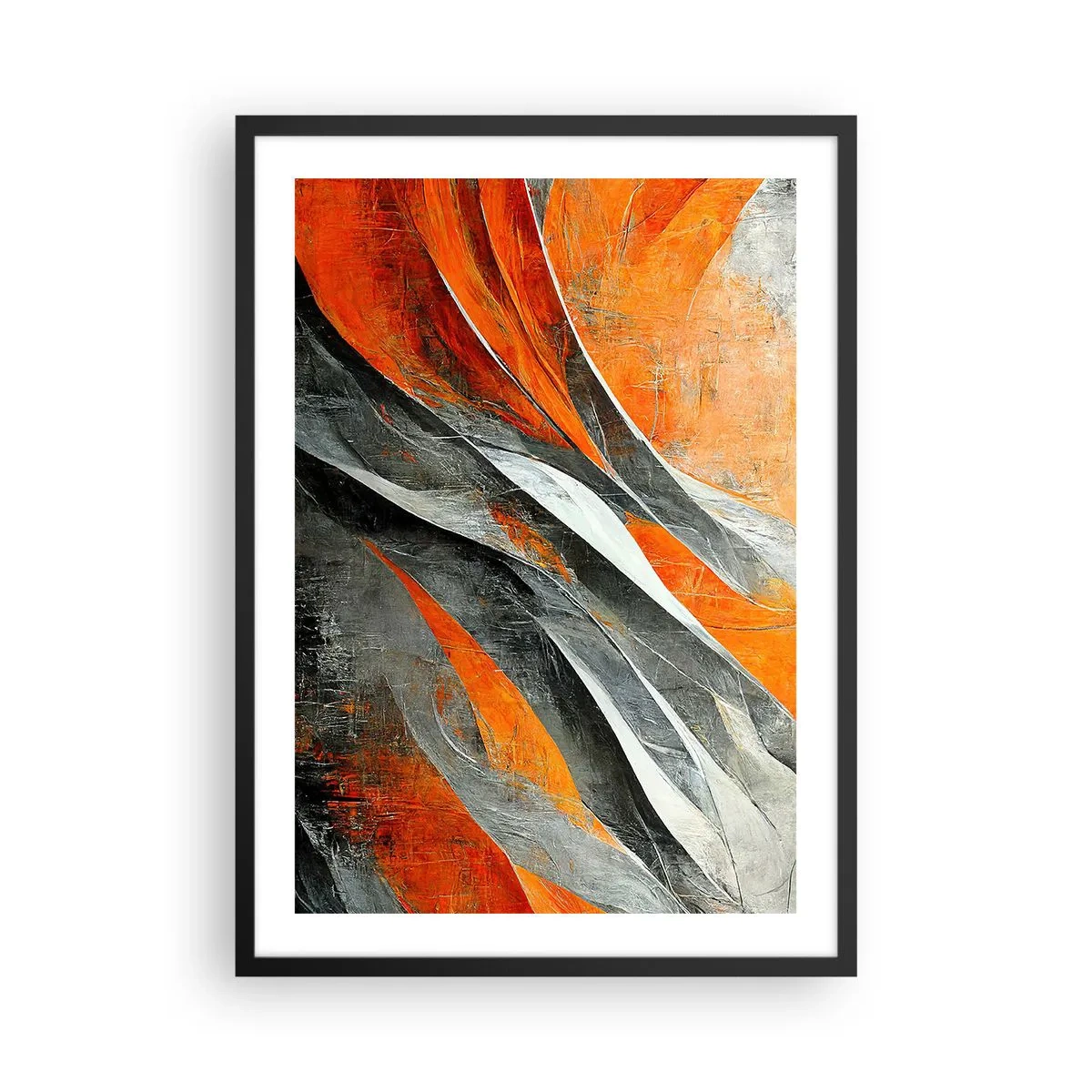Plakát v černém rámu - Dynamická abstrakce v odstínech oranžové a šedé - 50x70cm - Žár a chlad - Moderní nástěnná dekorace do obývacího pokoje a ložnice ARTTOR