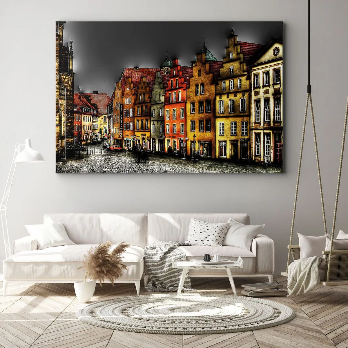 Obraz na plátně - Barevné činžovní domy na dlážděné ulici v historickém městě - 70x50cm - Chybí jenom kouzelná drožka - Moderní nástěnná dekorace do obývacího pokoje a ložnice ARTTOR