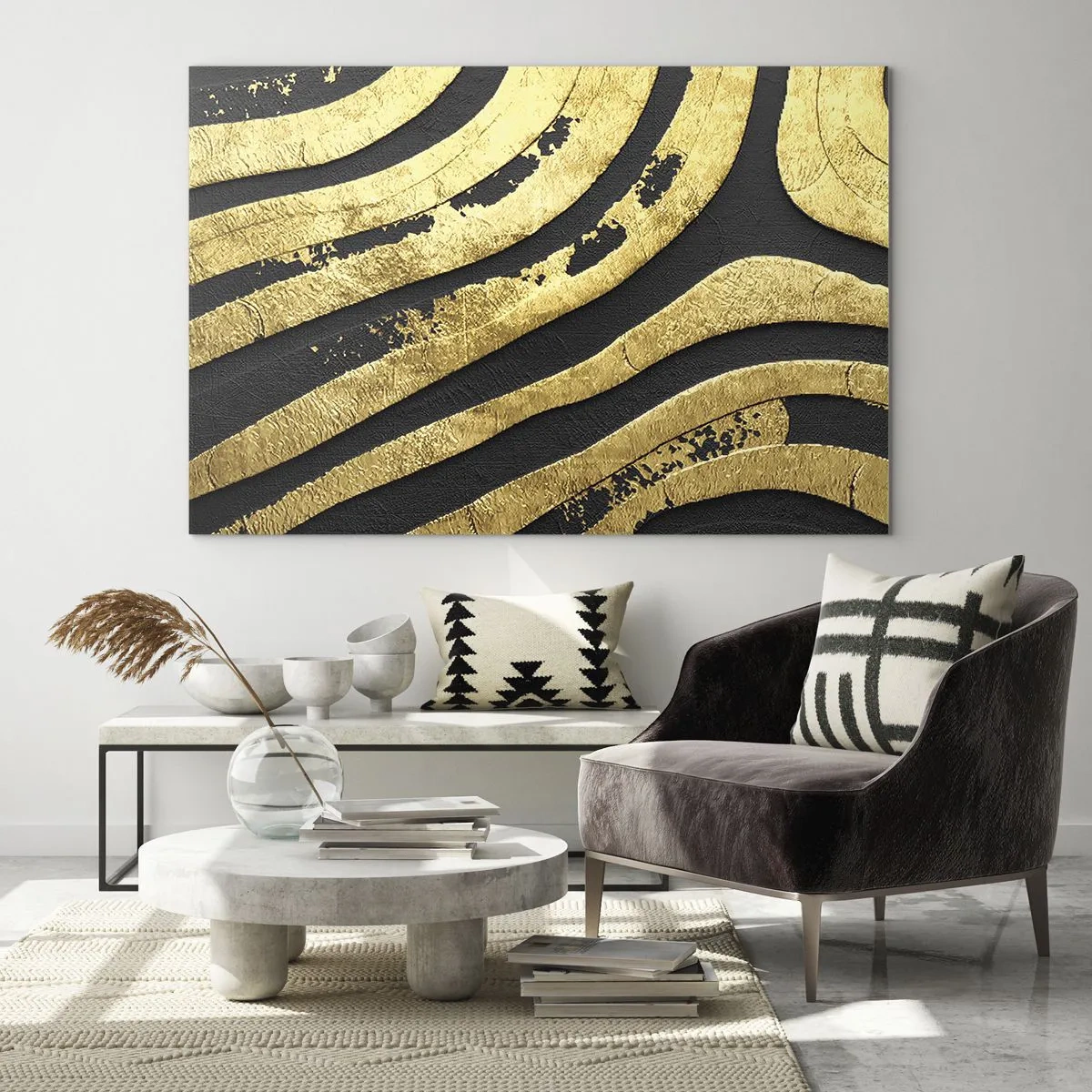 Obraz na skle - Zlaté abstraktní čáry na černém pozadí v okouzlujícím stylu - 70x50cm - Vše plyne - Moderní nástěnná dekorace do obývacího pokoje a ložnice ARTTOR