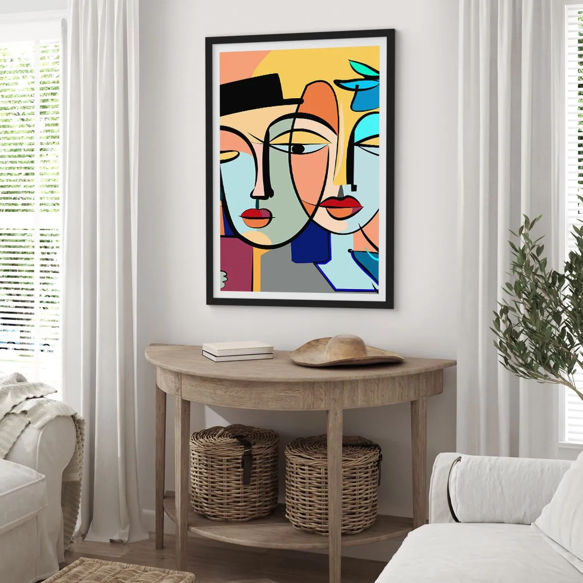Plakát v černém rámu - Barevná abstraktní kompozice tváří v kubistickém stylu - 50x70cm - Picassovo randez vous - Moderní nástěnná dekorace do obývacího pokoje a ložnice ARTTOR
