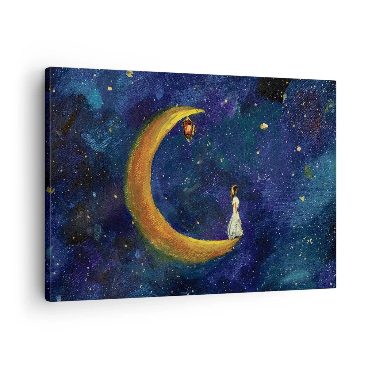 Obraz na plátně - Dívka stojící na měsíci na hvězdné obloze - 70x50cm - Volání světa - Moderní nástěnná dekorace do obývacího pokoje a ložnice ARTTOR