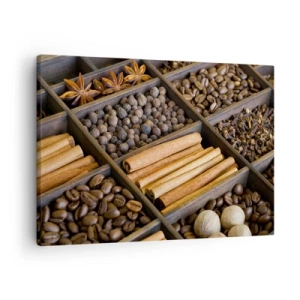 Obraz na plátně - Koření a káva v dřevěných přihrádkách - 70x50cm - Pokladnice vůní - Moderní nástěnná dekorace do obývacího pokoje a ložnice ARTTOR