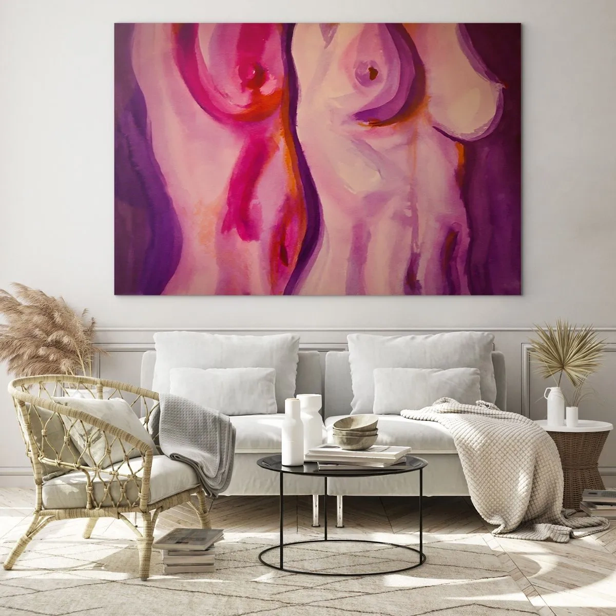 Obraz na skle - Umělecká interpretace ženských siluet v odstínech růžové a fialové. - 70x50cm - Óda na ženskost - Moderní nástěnná dekorace do obývacího pokoje a ložnice ARTTOR
