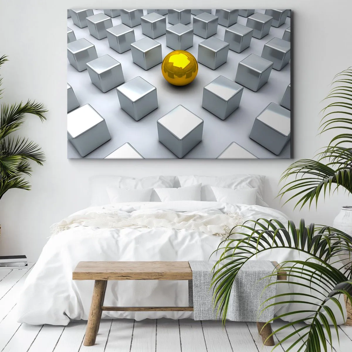 Obraz na plátně - Zlatá koule vyčnívající mezi stříbrnými kostkami - 70x50cm - Proč já? Geometrická kompozice - Moderní nástěnná dekorace do obývacího pokoje a ložnice ARTTOR