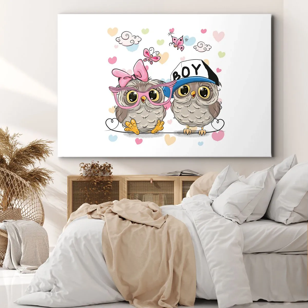 Obraz na plátně - Dvě rozkošné sovy obklopené srdíčky - 70x50cm - Milujme se! - Moderní nástěnná dekorace do obývacího pokoje a ložnice ARTTOR