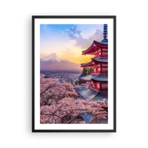 Plakát v černém rámu - Pagoda s výhledem na horu Fudži obklopená třešňovými květy při západu slunce - 50x70cm - Podstata japonského ducha - Moderní nástěnná dekorace do obývacího pokoje a ložnice ARTTOR